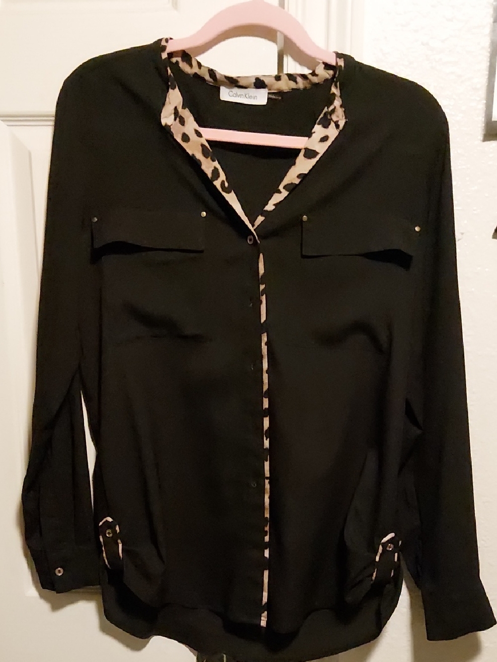 Calvin Klein Black Button-Down Top with Leopard-Print Trim